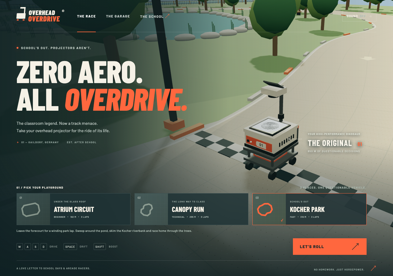 Overhead Overdrive's courtyard menu, with a classroom projector waiting at the starting line