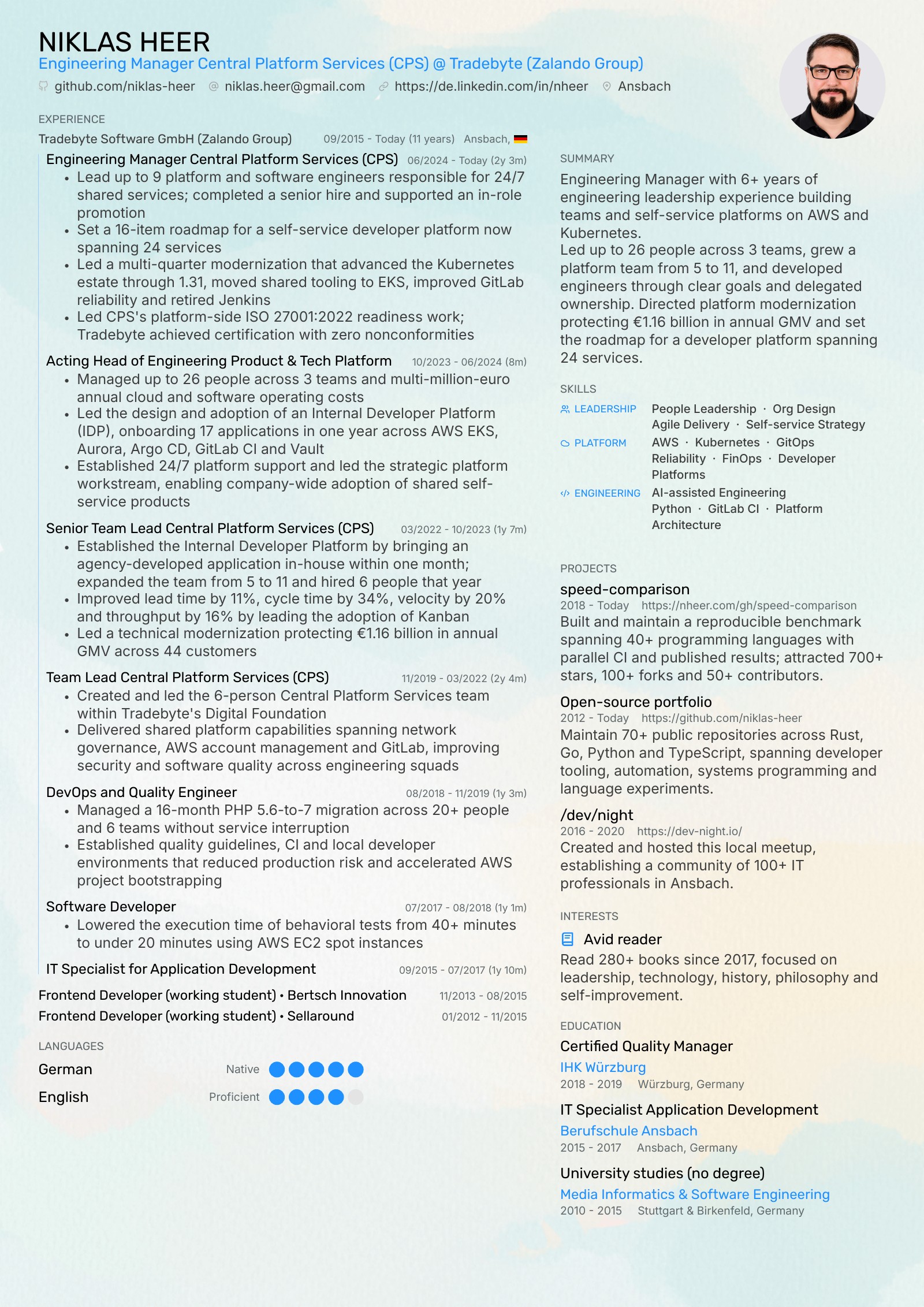 Preview of Niklas Heer's designed one-page CV, with a portrait, career timeline, skills, and education.